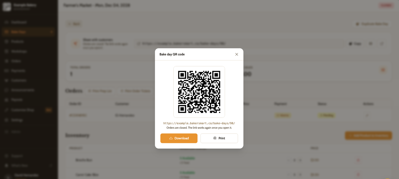 A QR code for a bake day's share link, with buttons to download or print it