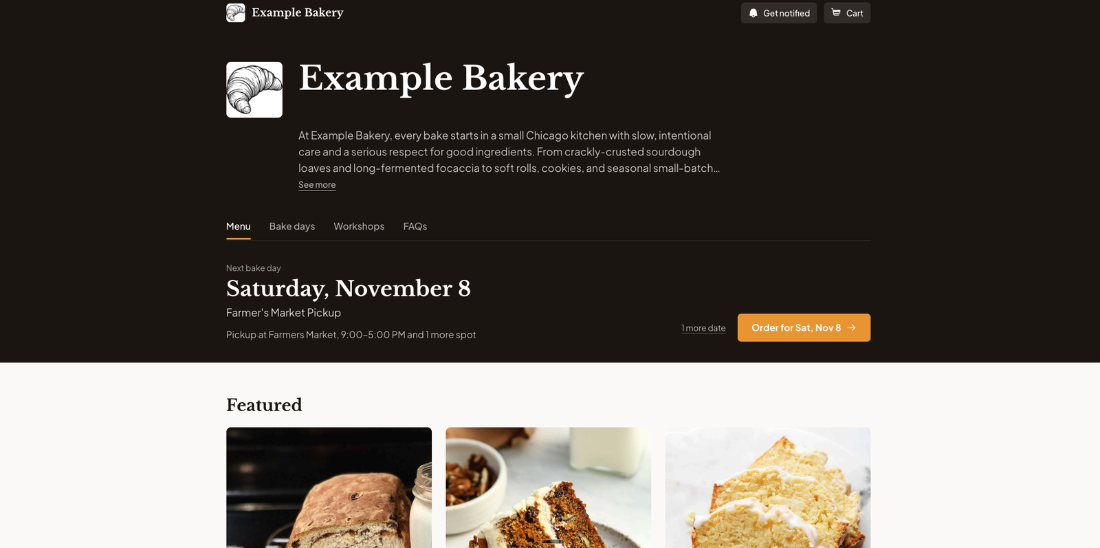 A bakery storefront on the new design, showing the next bake day at the top and product photos in large tiles