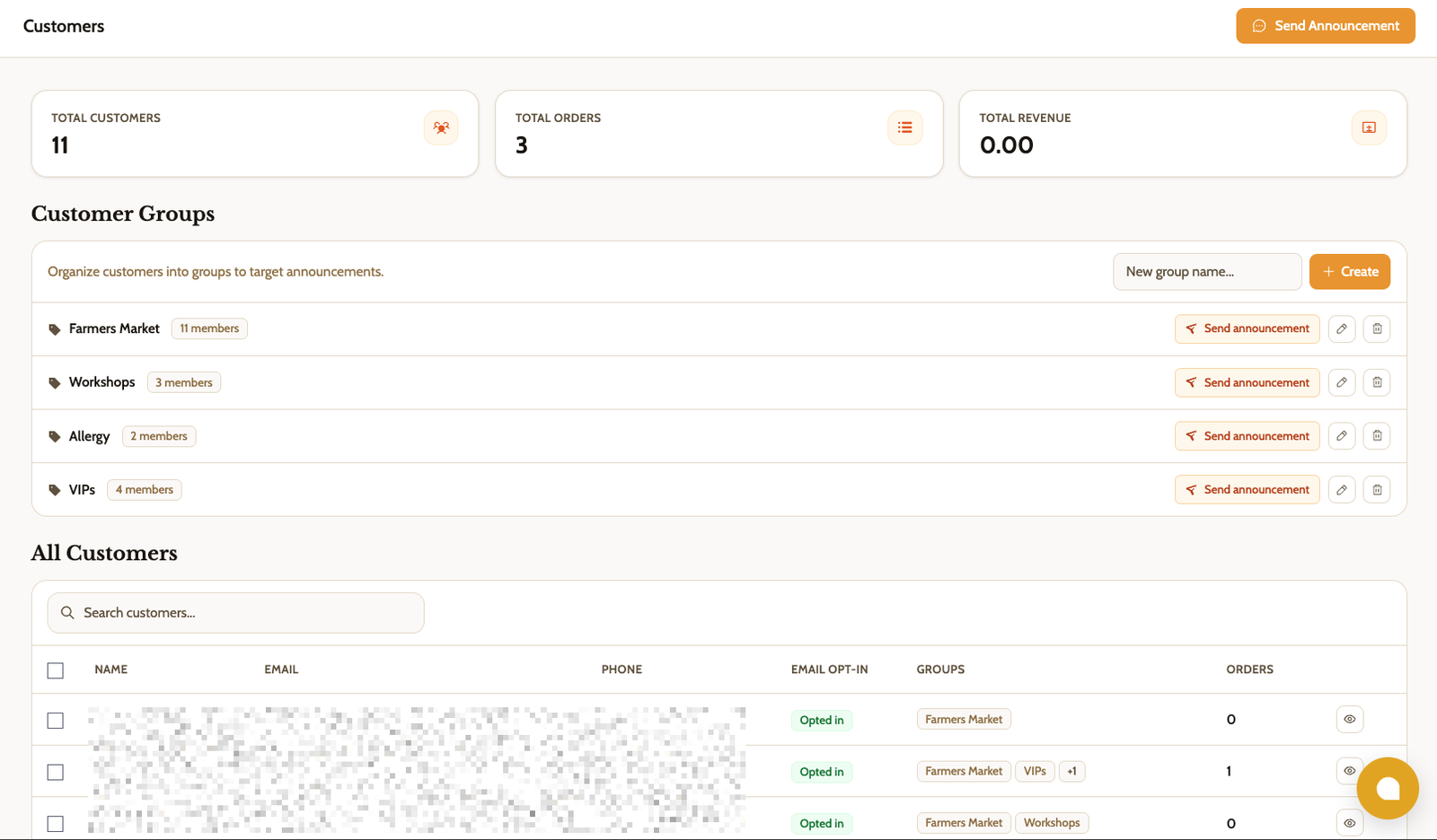 The Customers page with customer groups like Farmers Market and Wholesale, each showing how many customers are in it