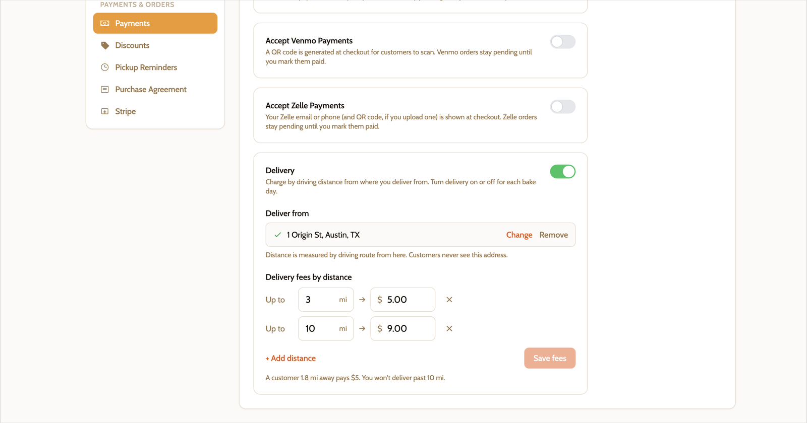 The Delivery card in BakerSmart settings, with a deliver-from address and three distance-based delivery fees