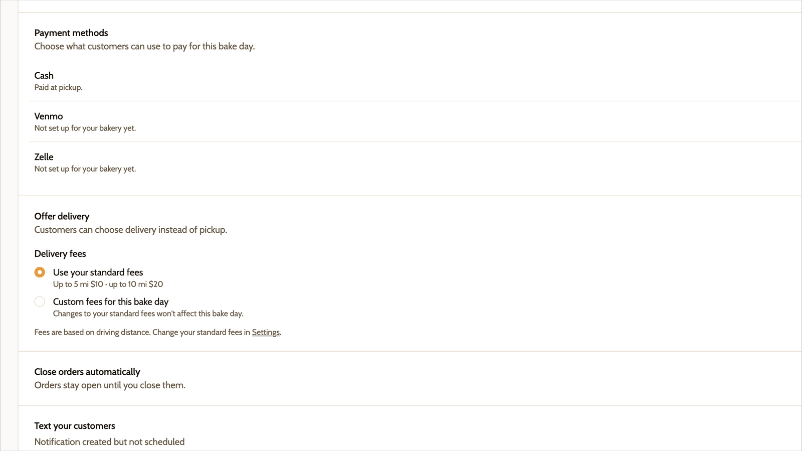 A bake day's Status & Settings card with custom delivery fees set by distance